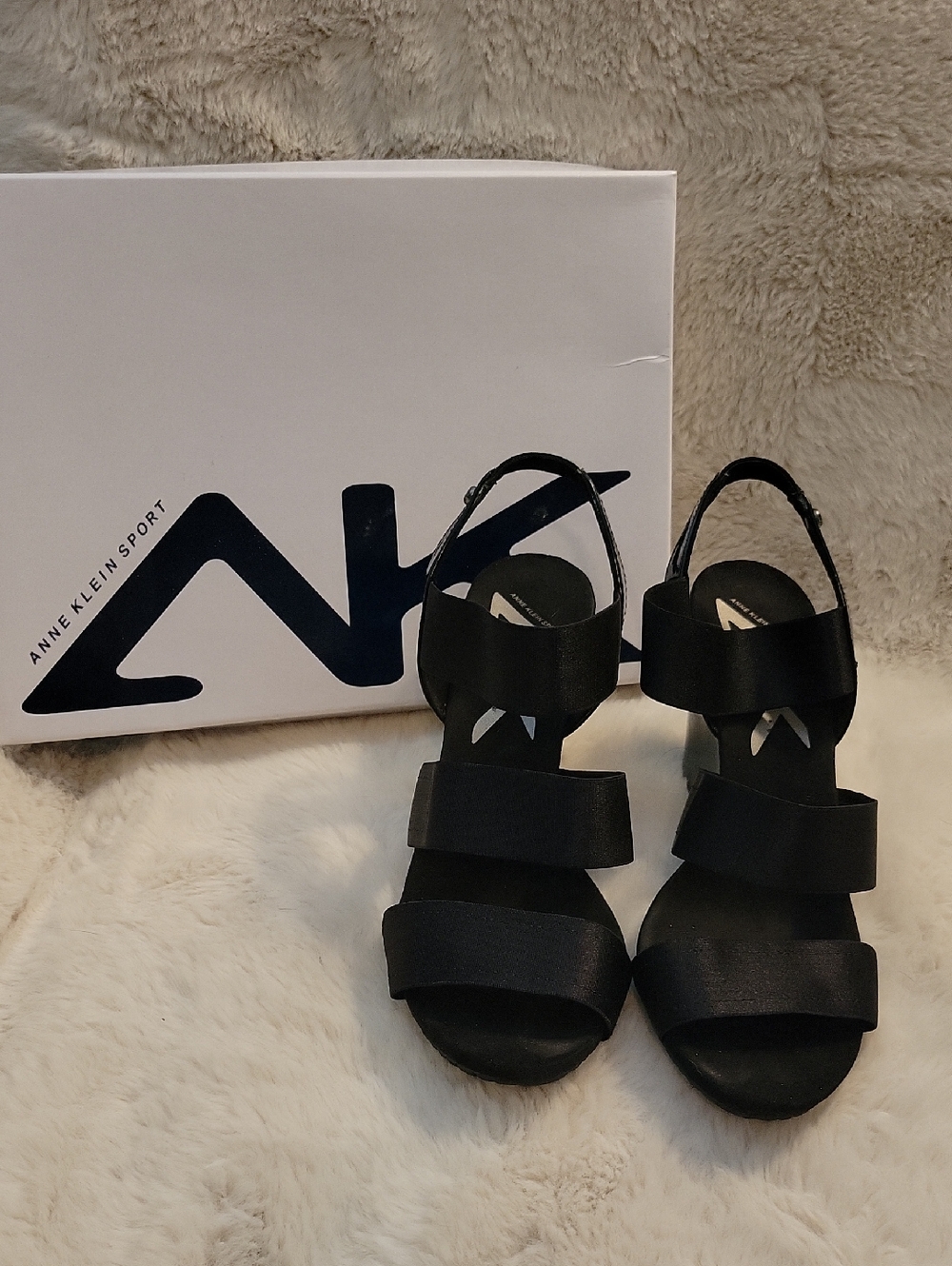 Anne Klein Sport Black Elastic Strap Wedge Sandals